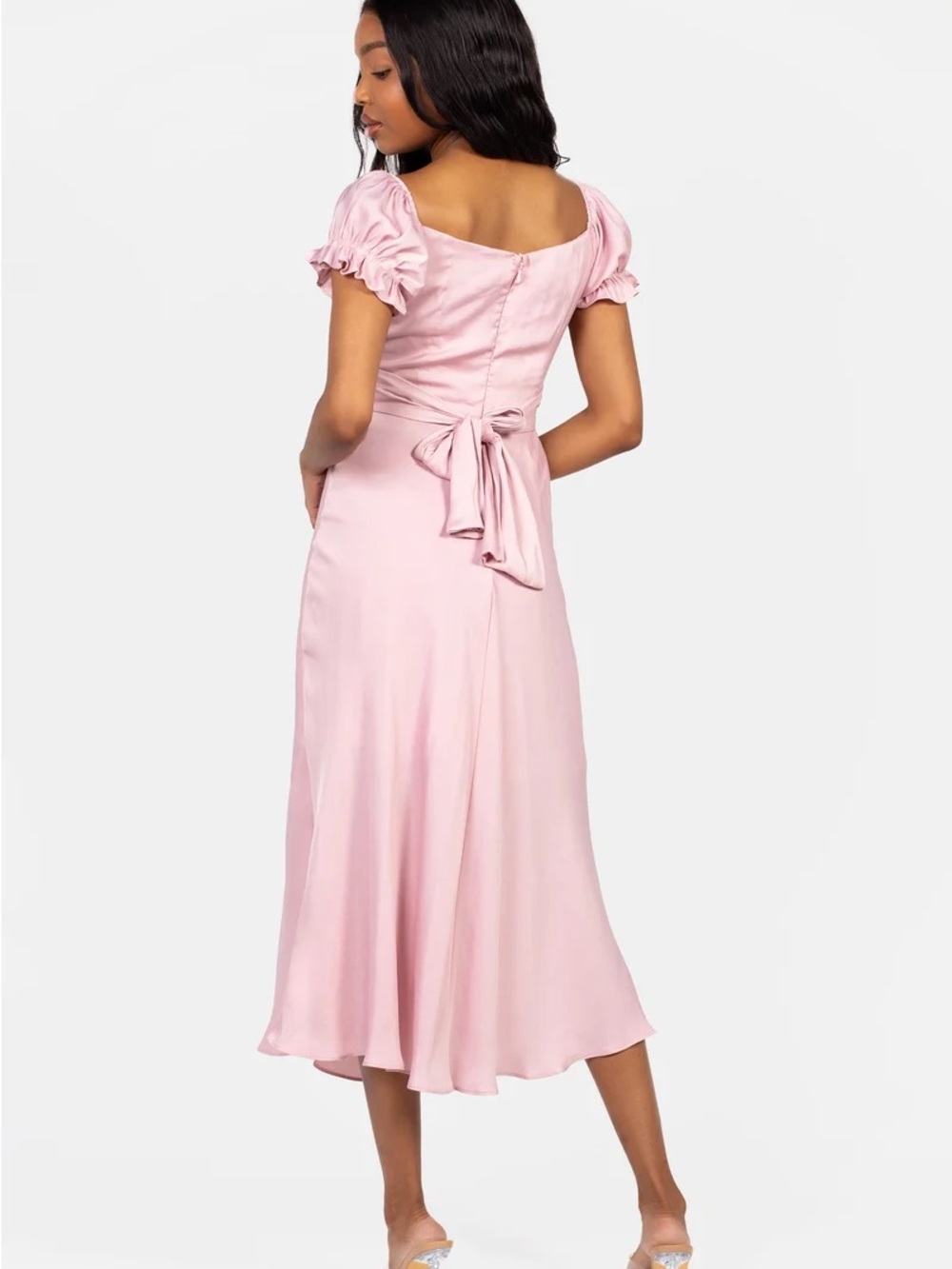 Honey Satin Off Shoulder Midi Dress in “Blush” (Retail $160)